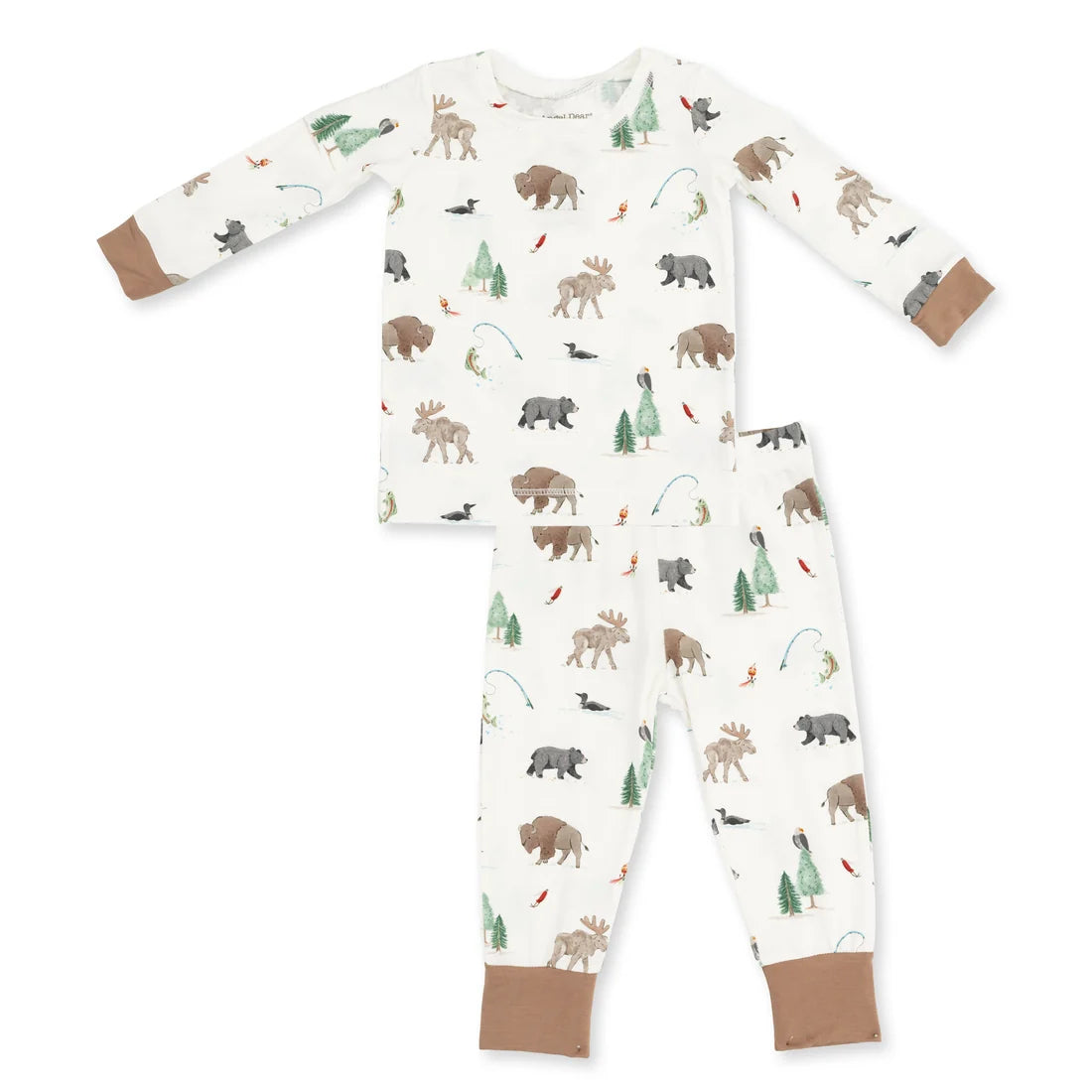 A two-piece baby pajama set featuring a long-sleeve top and matching pants with an all-over woodland print of bears, moose, trees, and fish on an off-white background, finished with solid tan cuffs and ankle cuffs.