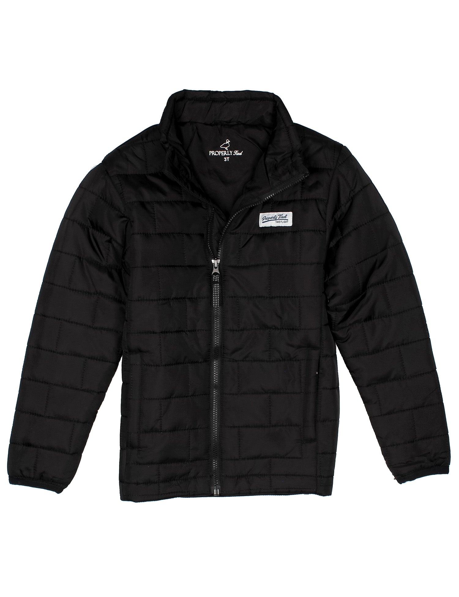 A black quilted puffer jacket with a full-zip front, stand-up collar, and a small white brand patch on the left chest, displayed against a solid white background.