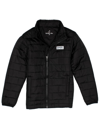 A black quilted puffer jacket with a full-zip front, stand-up collar, and a small white brand patch on the left chest, displayed against a solid white background.