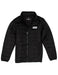 A black quilted puffer jacket with a full-zip front, stand-up collar, and a small white brand patch on the left chest, displayed against a solid white background.