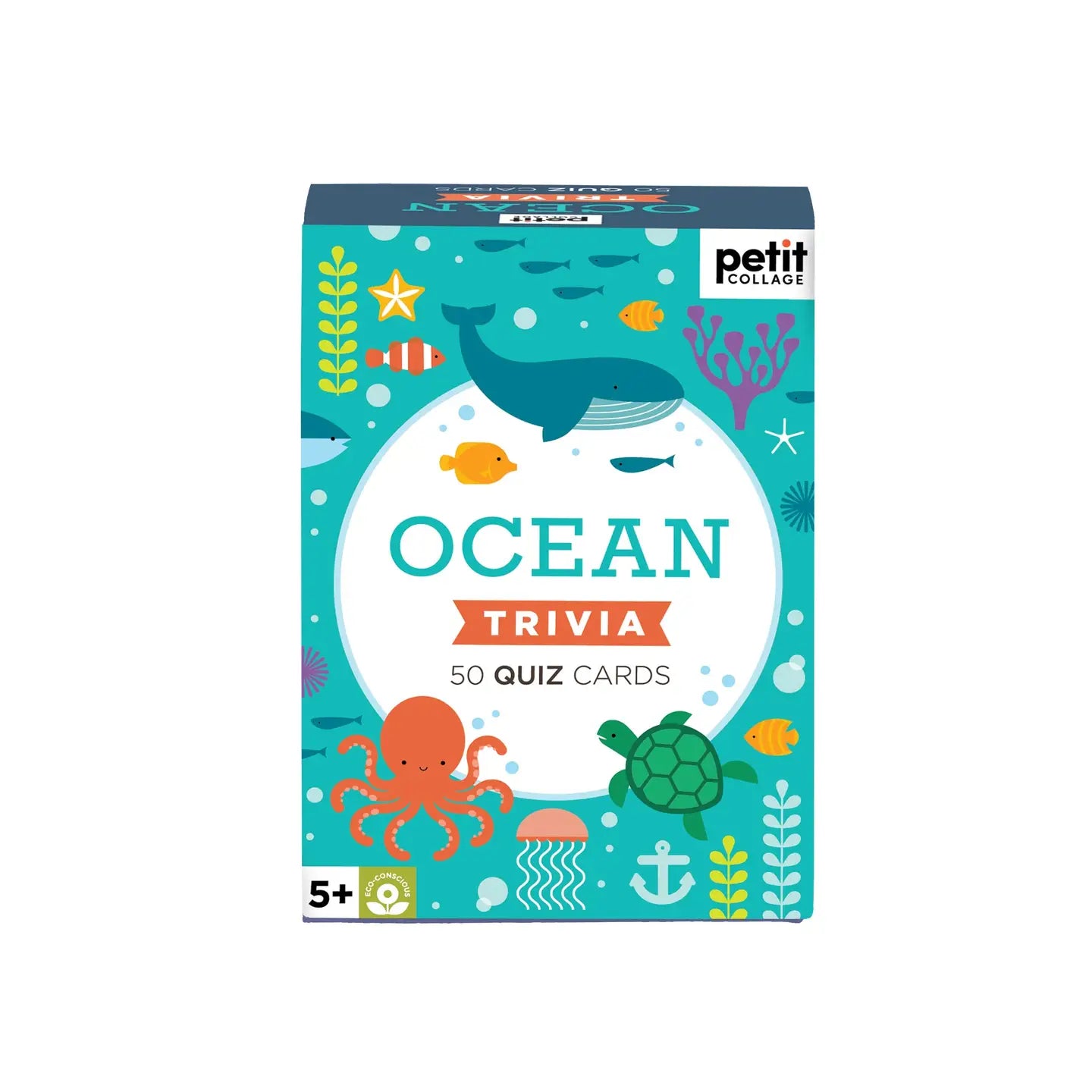 Ocean trivia quiz cards packaging with sea-themed illustrations on a white background