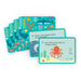 Educational cards with ocean-themed questions and illustrations on a white background