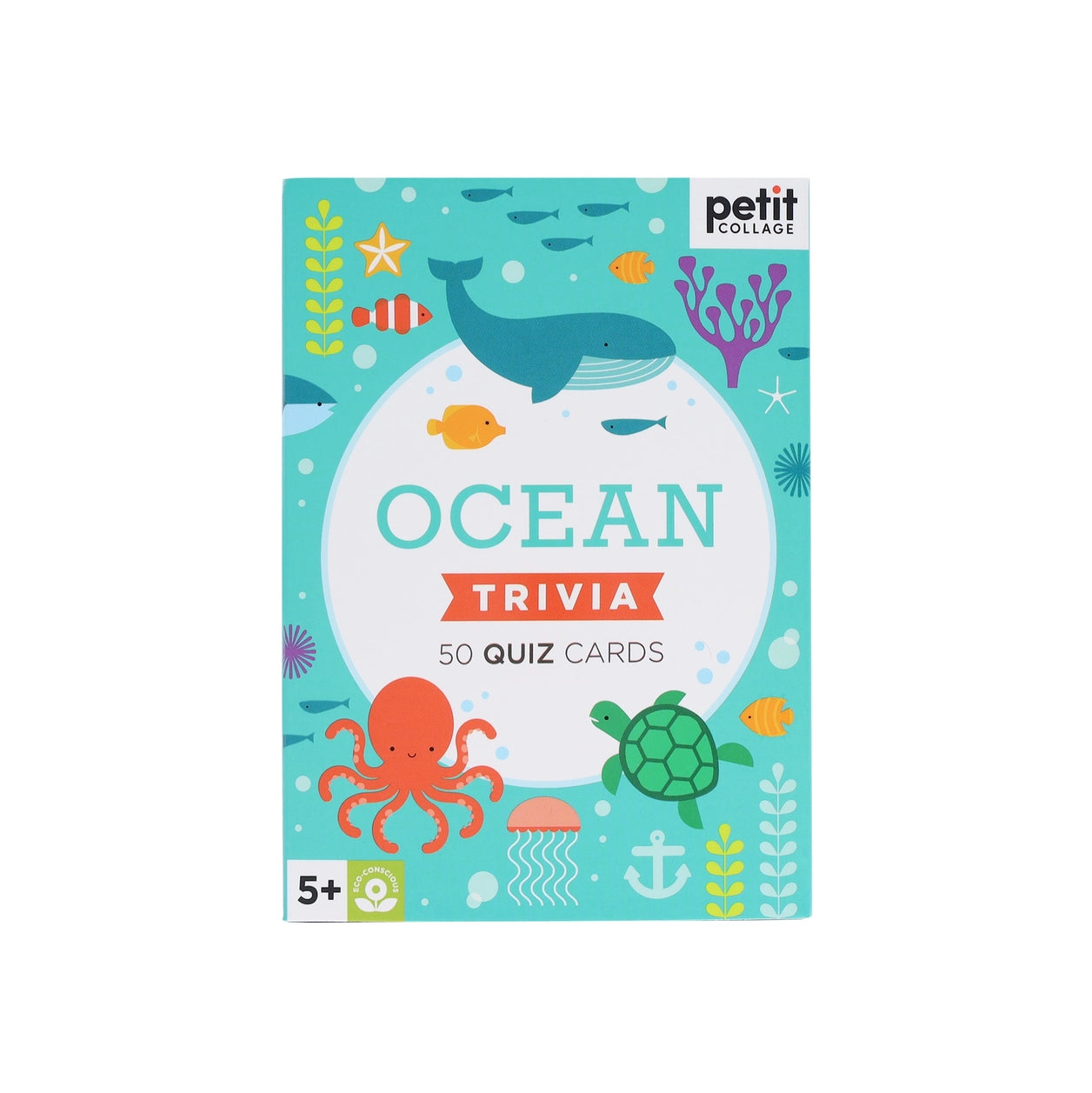 Ocean trivia quiz cards packaging with sea creatures on a blue background