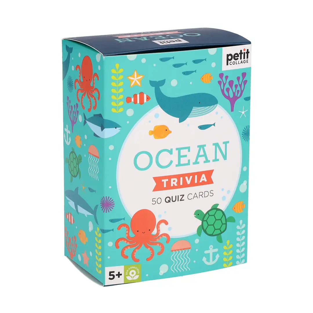 Ocean trivia quiz cards packaging with sea creature illustrations on a white background
