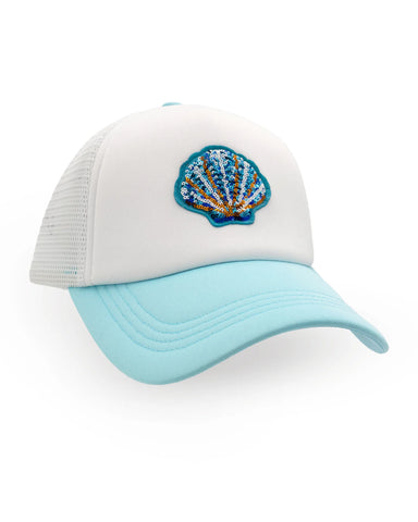 White and light blue cap with a shell design on a white background