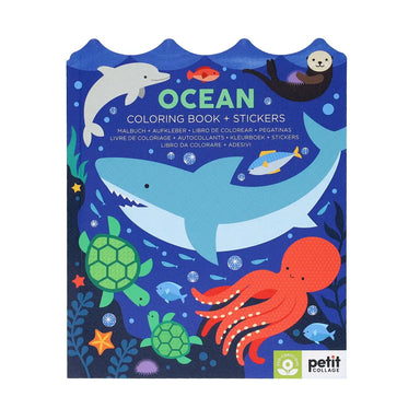Ocean-themed coloring book with stickers featuring illustrations of sea animals on a blue background.