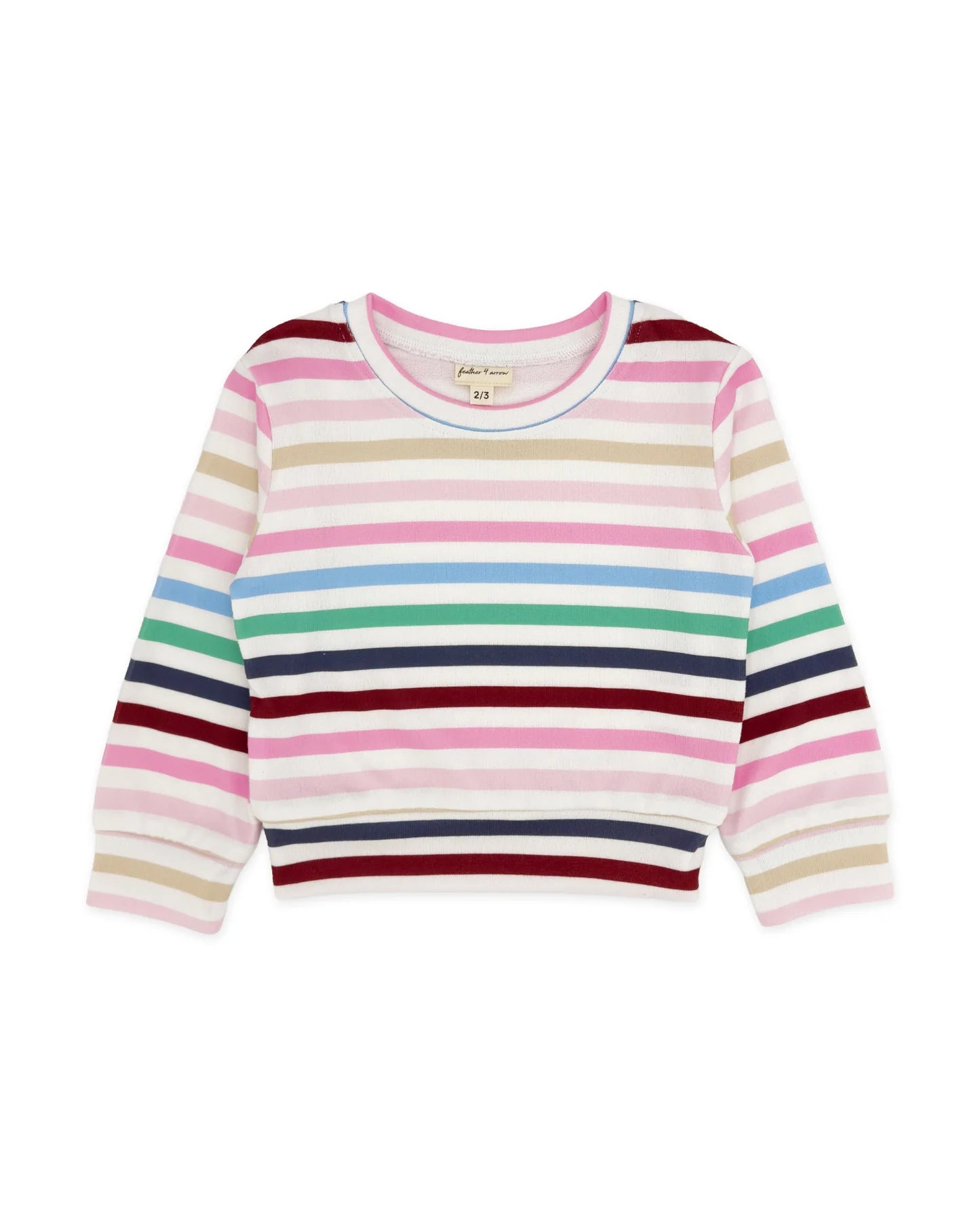 A children's long-sleeve striped knit top with horizontal bands of pink, navy, burgundy, beige, light blue, and green on a white base, shown flat against a white background.