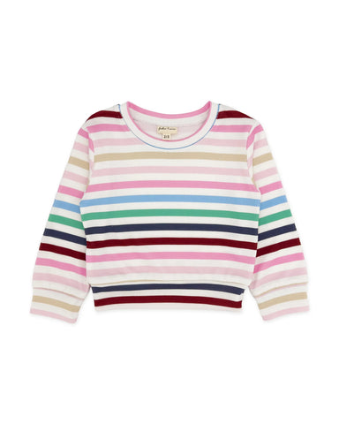 A children's long-sleeve striped knit top with horizontal bands of pink, navy, burgundy, beige, light blue, and green on a white base, shown flat against a white background.
