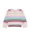 A children's long-sleeve striped knit top with horizontal bands of pink, navy, burgundy, beige, light blue, and green on a white base, shown flat against a white background.