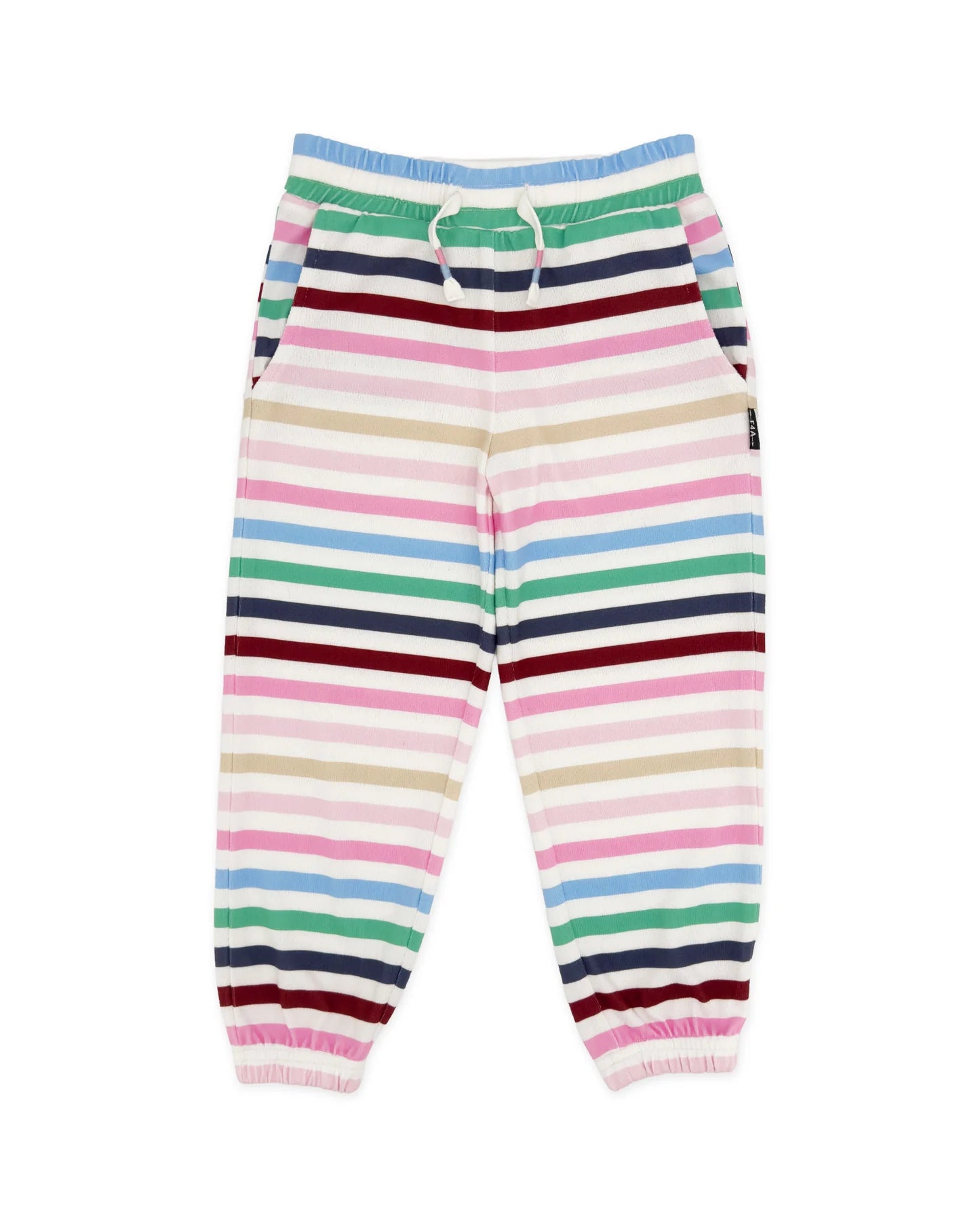A pair of children's striped jogger pants with horizontal bands of pink, light blue, navy, green, beige, and burgundy on a white base, featuring an elastic waistband with a white drawstring and elastic cuffs.