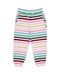 A pair of children's striped jogger pants with horizontal bands of pink, light blue, navy, green, beige, and burgundy on a white base, featuring an elastic waistband with a white drawstring and elastic cuffs.