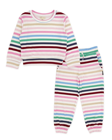 A two-piece children's pajama set featuring a long-sleeve top and matching pants with horizontal pastel stripes in pink, blue, green, beige, and burgundy on a white background.