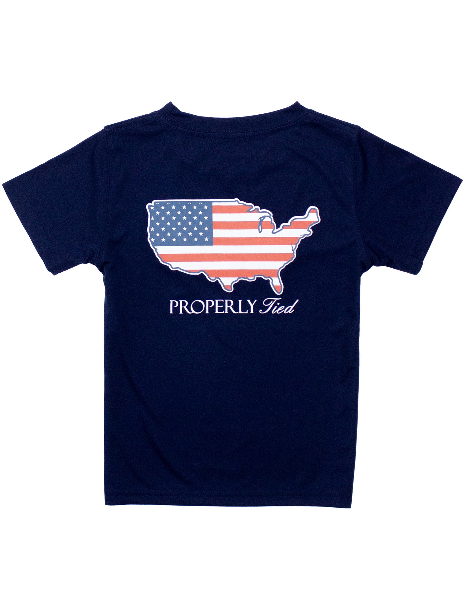 Performance tee with American Flag shaped USA on the back.