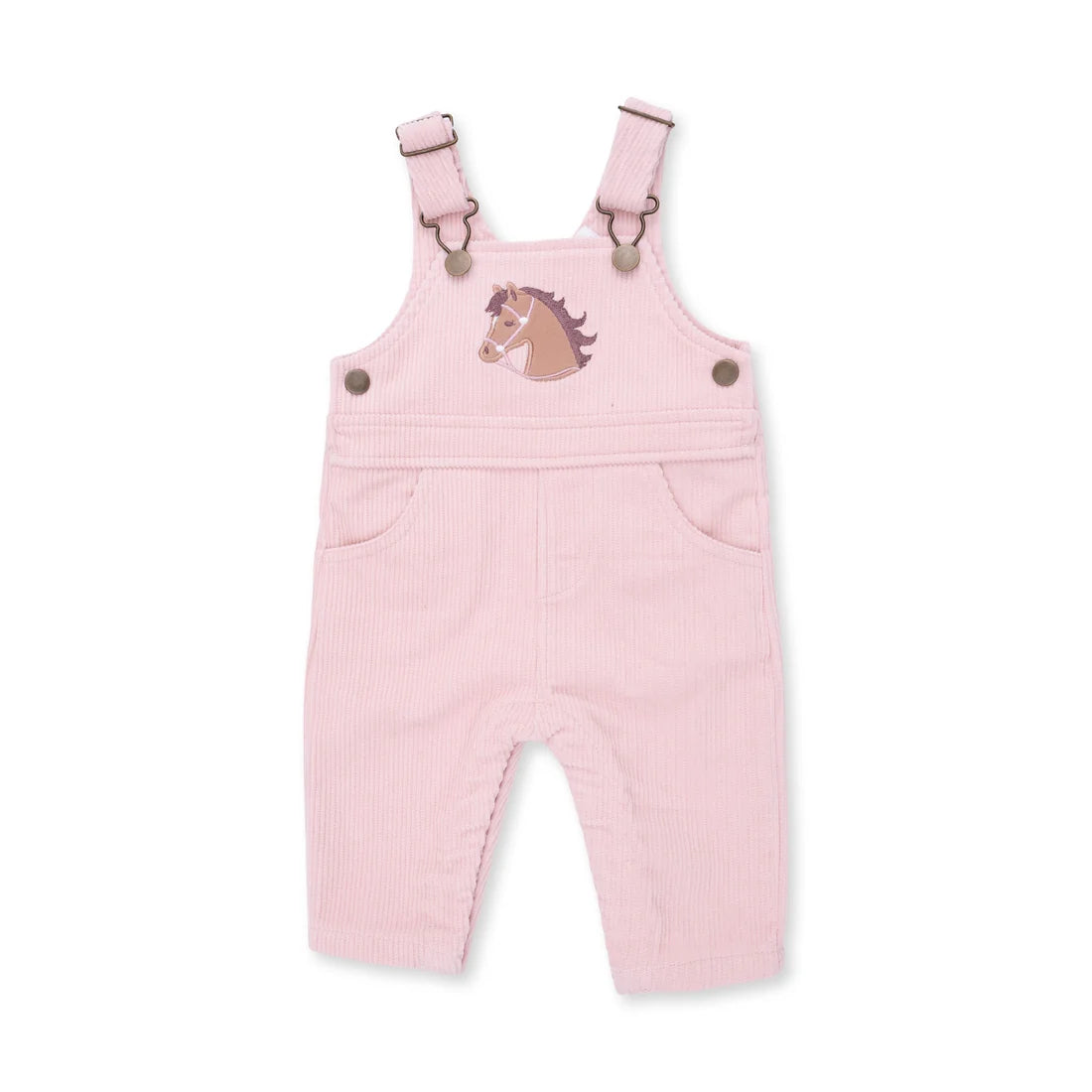 A light pink corduroy baby overall romper with adjustable shoulder straps, side pockets, and a small embroidered horse head patch on the chest, shown against a plain white background.