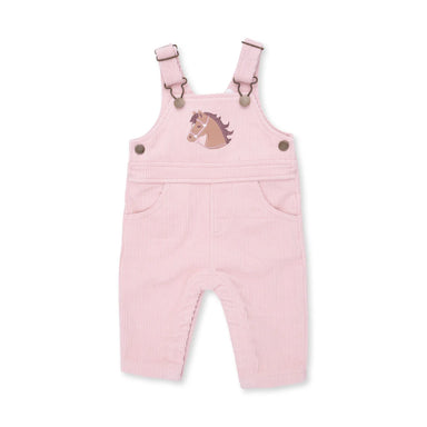 A light pink corduroy baby overall romper with adjustable shoulder straps, side pockets, and a small embroidered horse head patch on the chest, shown against a plain white background.
