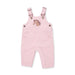 A light pink corduroy baby overall romper with adjustable shoulder straps, side pockets, and a small embroidered horse head patch on the chest, shown against a plain white background.