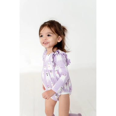 toddler girl wearing purple ruffle long sleeved bubble romper with girly ghost print