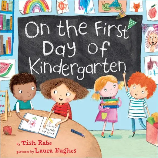 Book cover of 'On the First Day of Kindergarten' with children at a desk and a chalkboard.