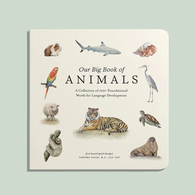 Book titled 'Our Big Book of Animals' with illustrations of various animals on a light green background