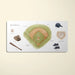 Educational book about baseball with illustrations of various baseball equipment on a beige background
