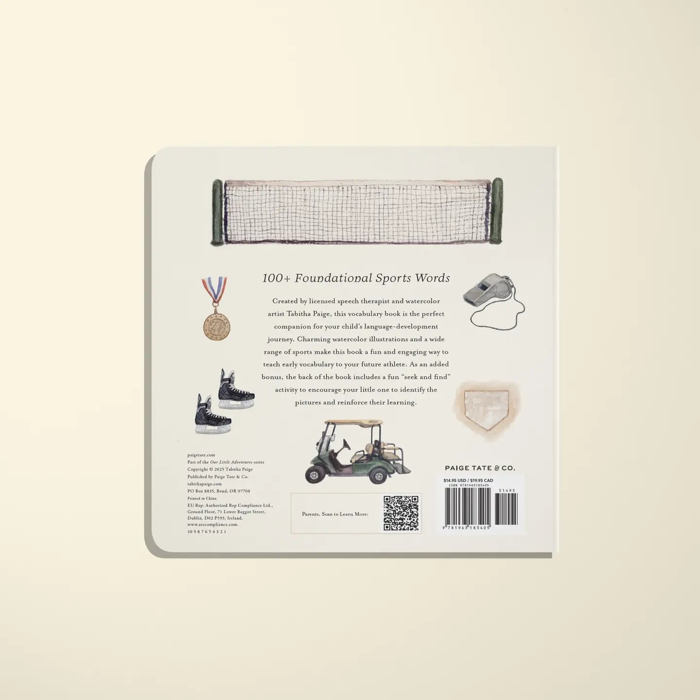 Back cover of a book with sports-themed illustrations and text on a beige background