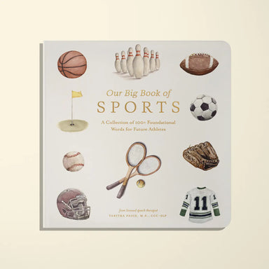 Book titled 'Our Big Book of Sports' with sports-themed illustrations on a beige background