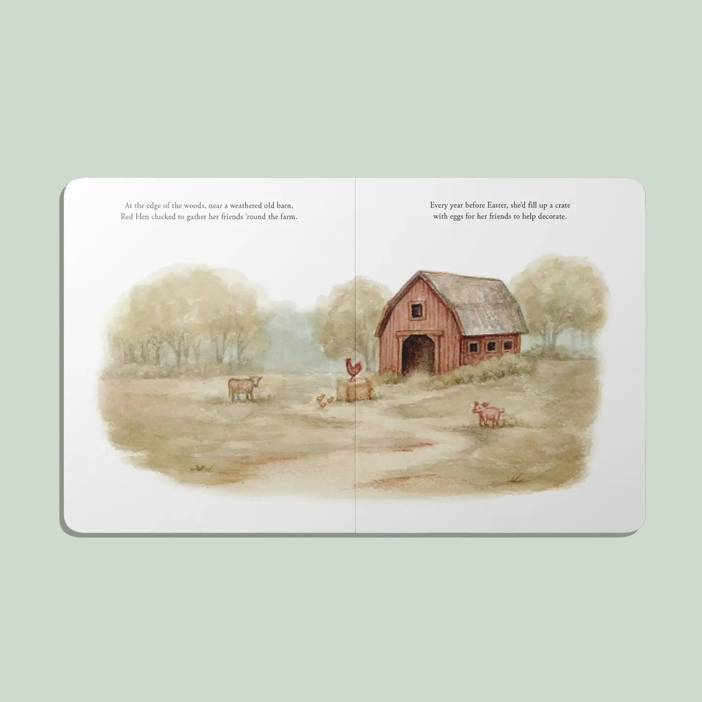 Illustrated book page with a barn and animals on a light green background