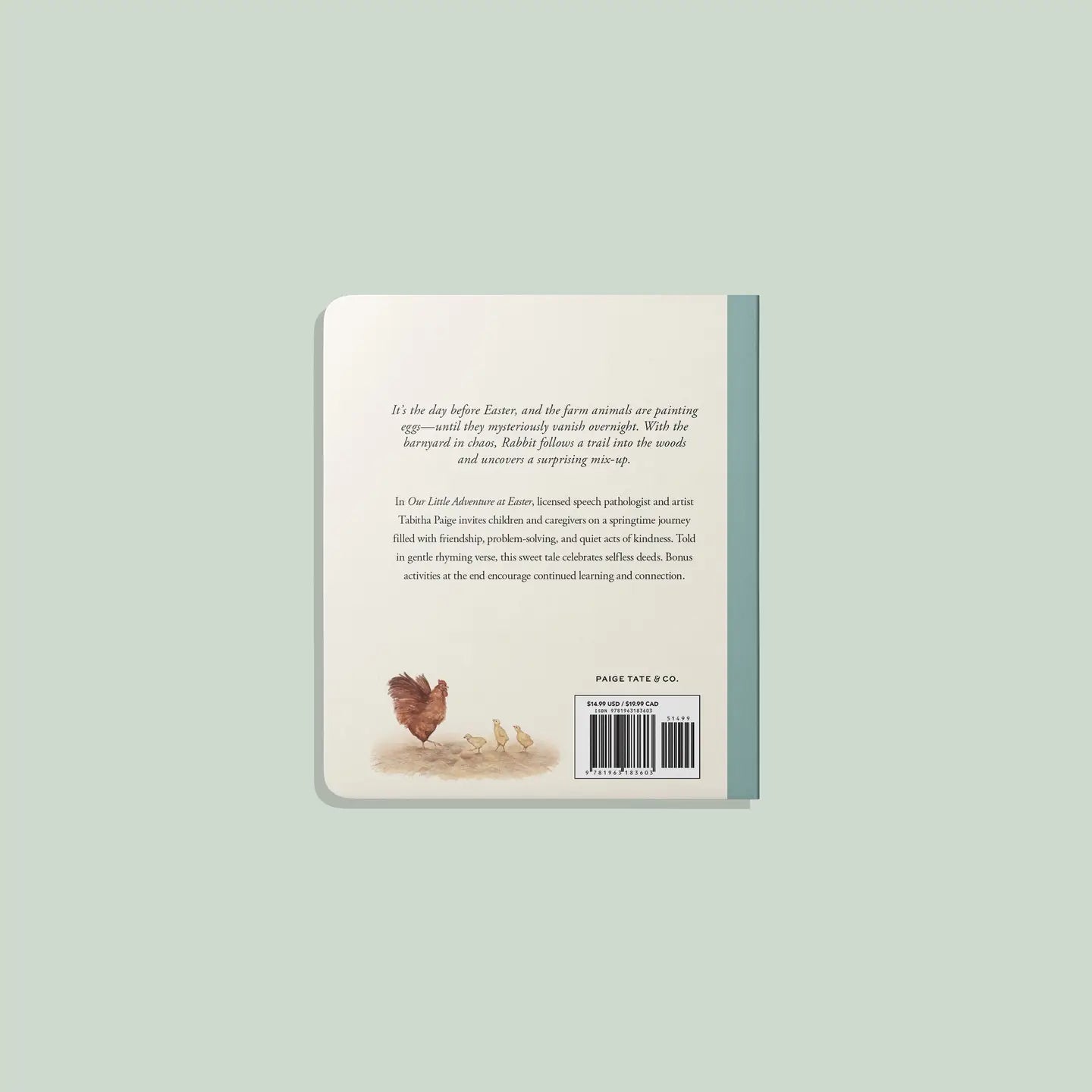 Back cover of a book with a rabbit and carrot illustration on a light green background
