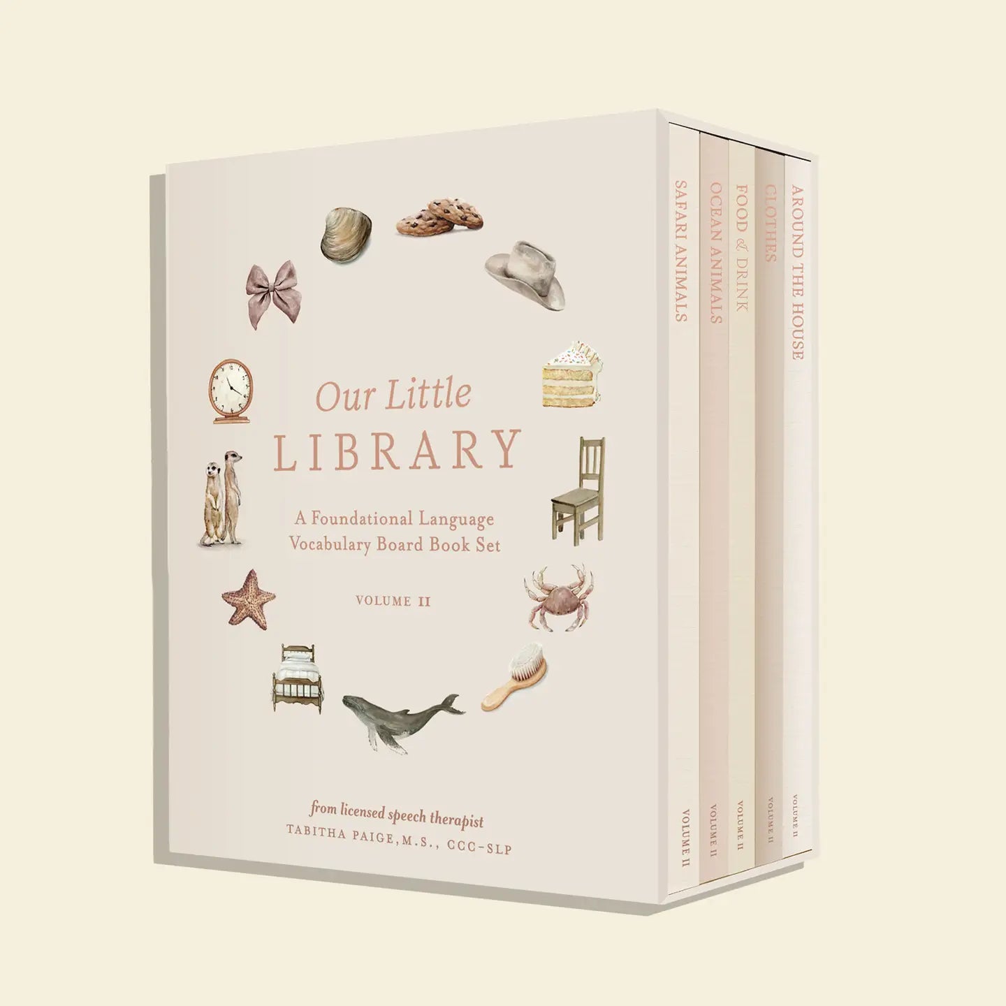 Book set titled 'Our Little Library' with illustrations on a beige background
