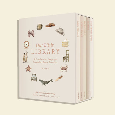 Book set titled 'Our Little Library' with illustrations on a beige background