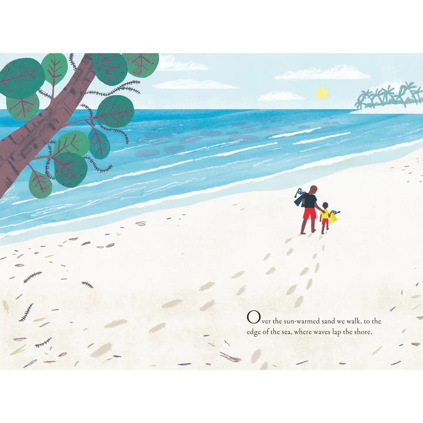 Illustration of a father and child walking on a sandy beach with trees and ocean in the background.