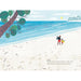 Illustration of a father and child walking on a sandy beach with trees and ocean in the background.