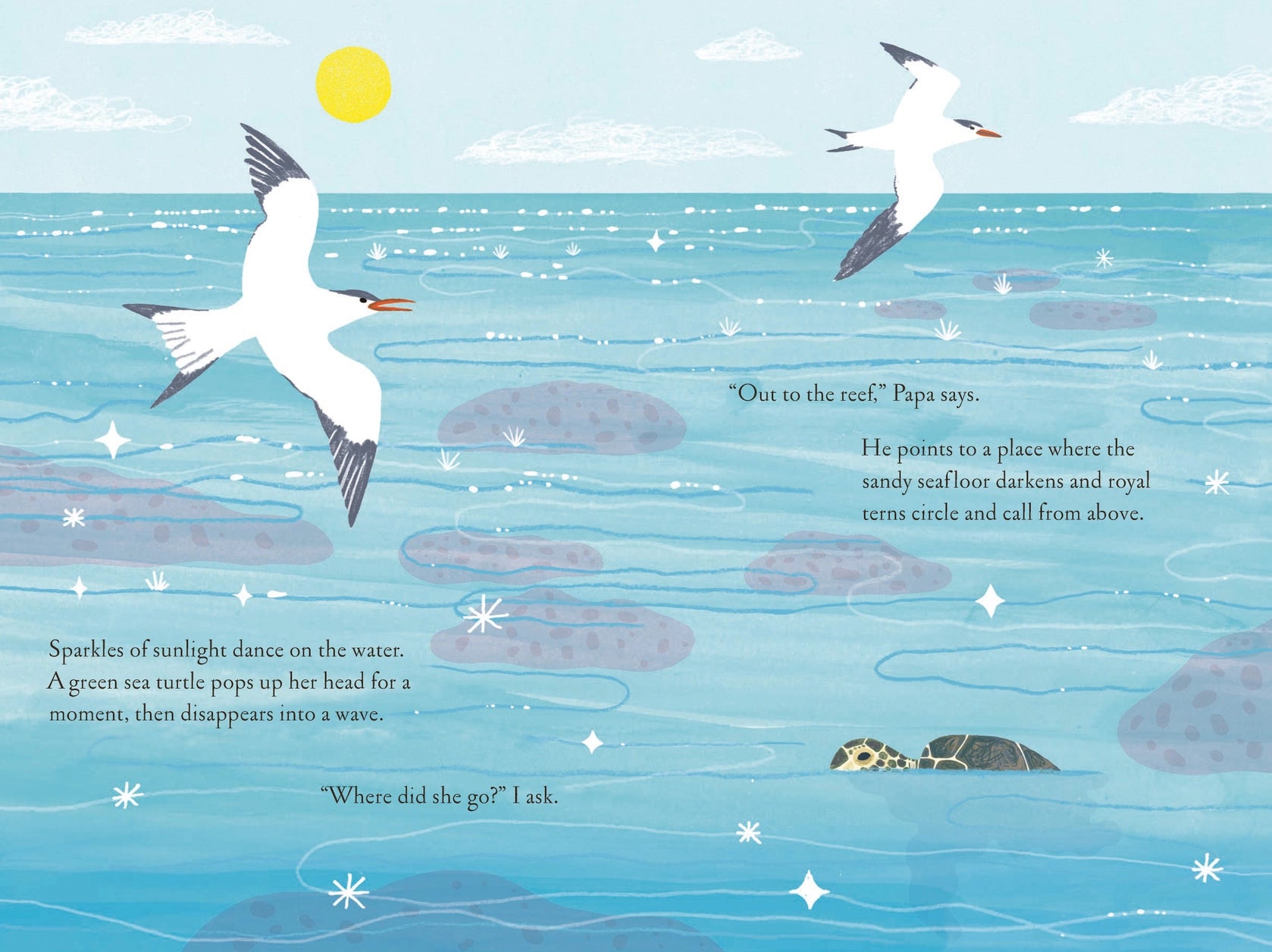 Illustration of birds flying over water with text, likely from a children's book.
