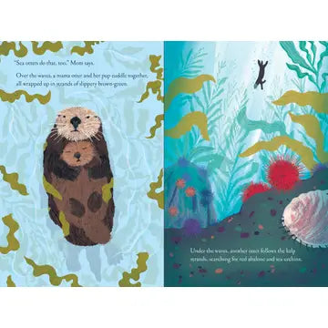 Illustrated book page with an otter and underwater scene