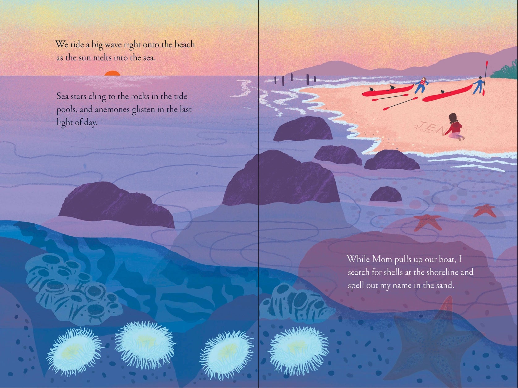 Illustrated book page with a beach scene and underwater view, featuring sea stars and people on the shore.