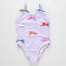 Lavender one-piece swimsuit with colorful bow accents on a white background