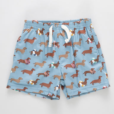 Blue shorts with dachshund pattern on a light gray background