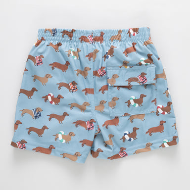 Blue shorts with dachshund dog pattern on a white background