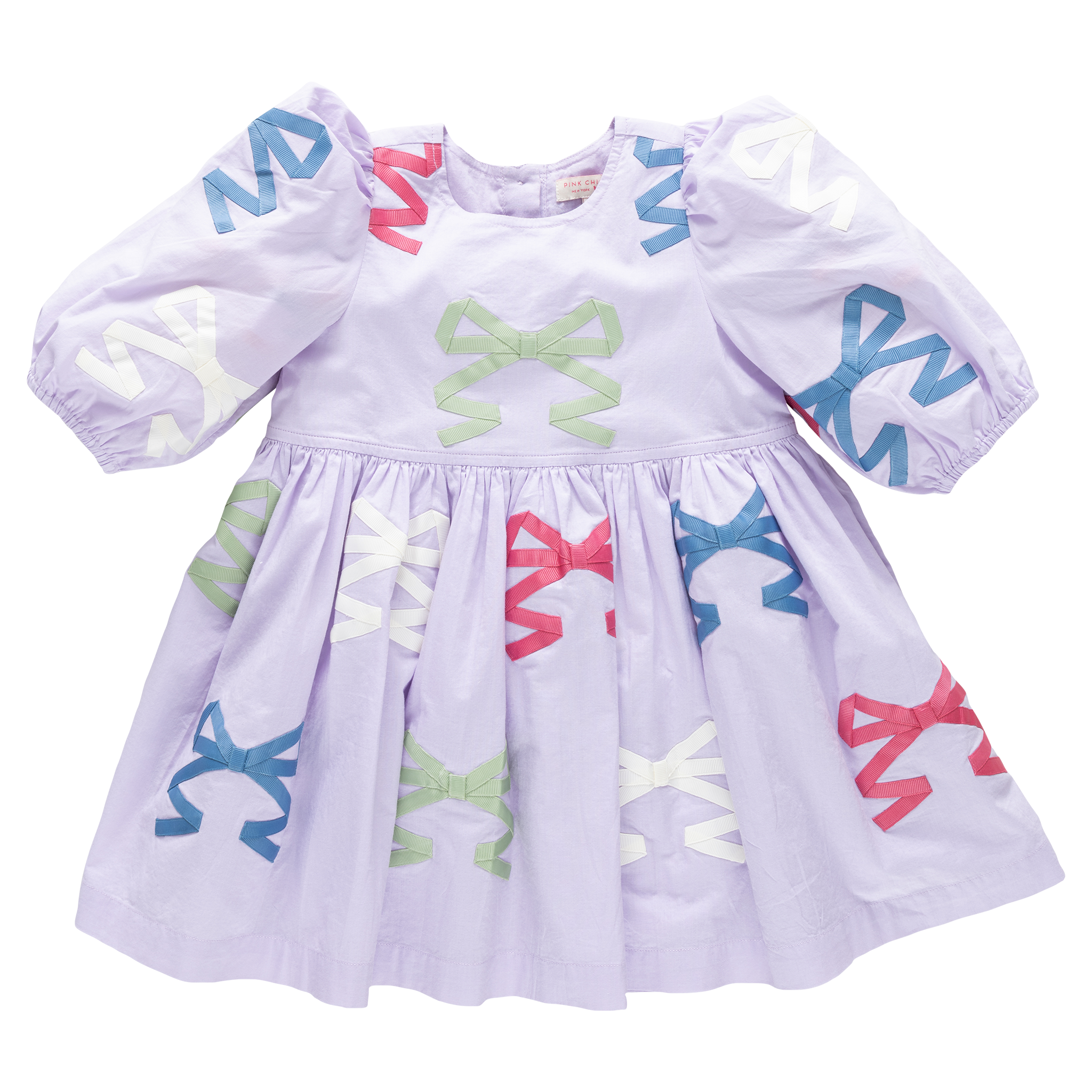 Lavender dress with colorful bow patterns on a white background