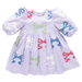 Lavender dress with colorful bow patterns on a white background