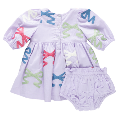 Children's outfit with a lavender dress and bloomers featuring appliqued bows on a white background.