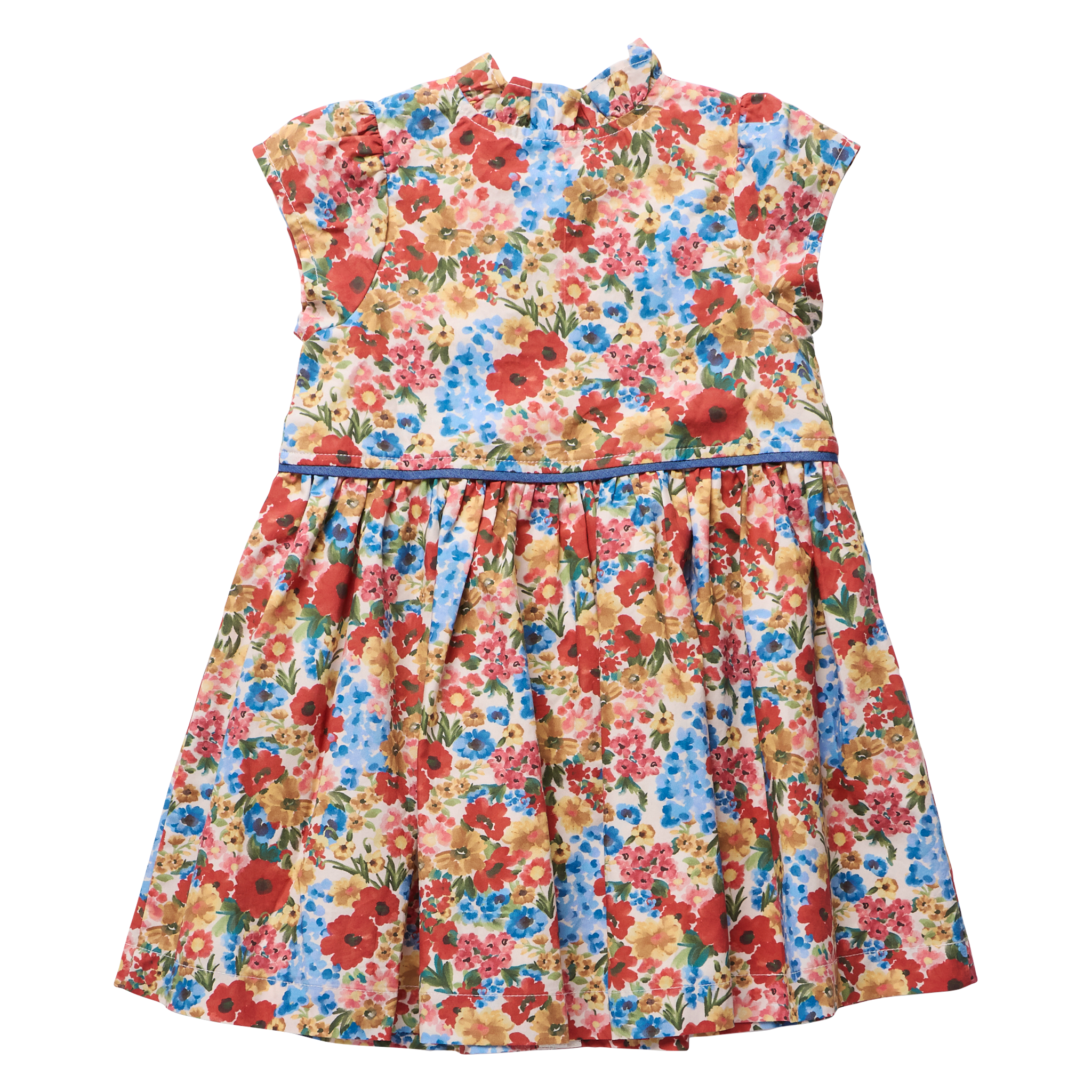 A sleeveless baby dress with a colorful floral print on a cream background, featuring a ruffled mock neck bodice, a thin blue waistband, and a gathered flared skirt.