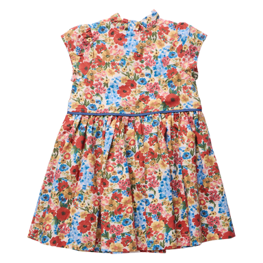A sleeveless baby dress with a colorful floral print on a cream background, featuring a ruffled mock neck bodice, a thin blue waistband, and a gathered flared skirt.