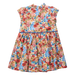 A sleeveless baby dress with a colorful floral print on a cream background, featuring a ruffled mock neck bodice, a thin blue waistband, and a gathered flared skirt.