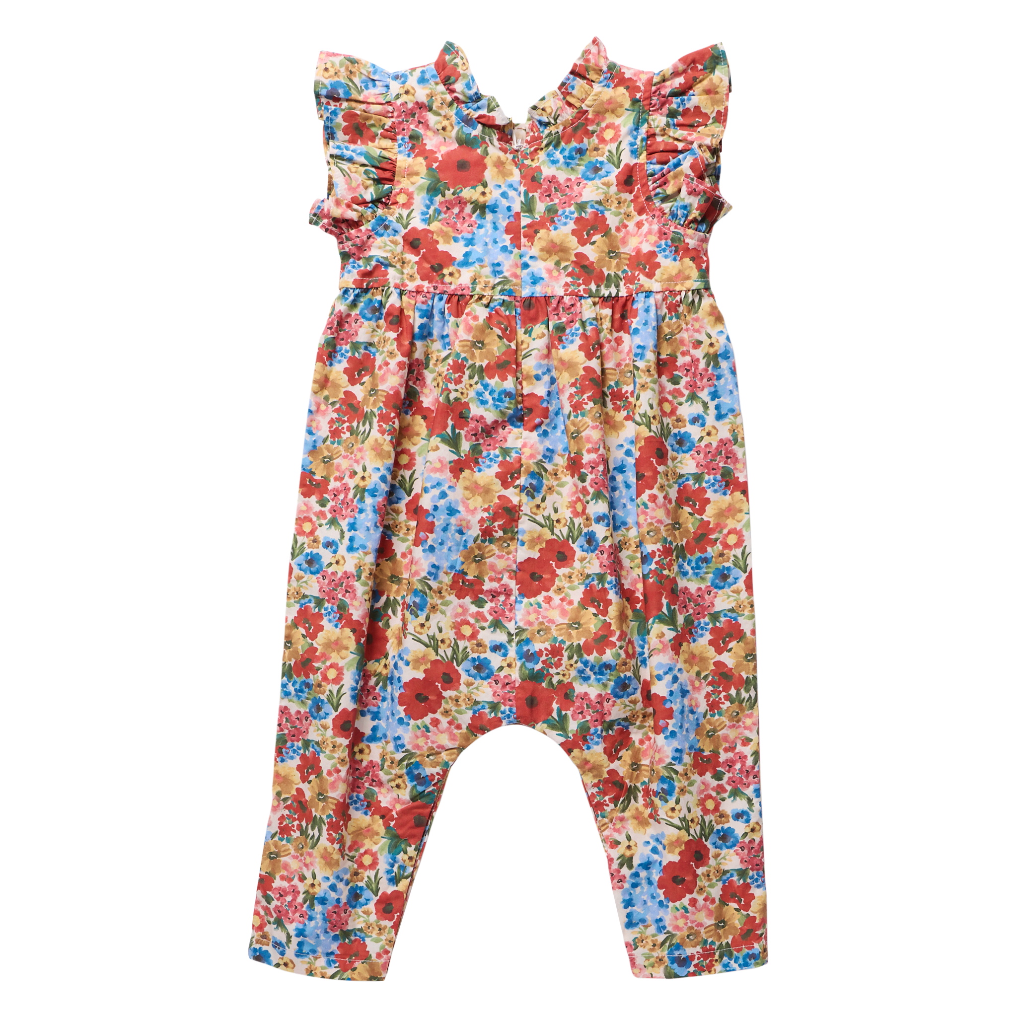 A sleeveless baby romper with a vibrant multicolor floral print, featuring ruffled shoulder straps and a leg opening style, shown against a plain white background.