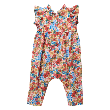 A sleeveless baby romper with a vibrant multicolor floral print, featuring ruffled shoulder straps and a leg opening style, shown against a plain white background.