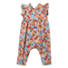 A sleeveless baby romper with a vibrant multicolor floral print, featuring ruffled shoulder straps and a leg opening style, shown against a plain white background.