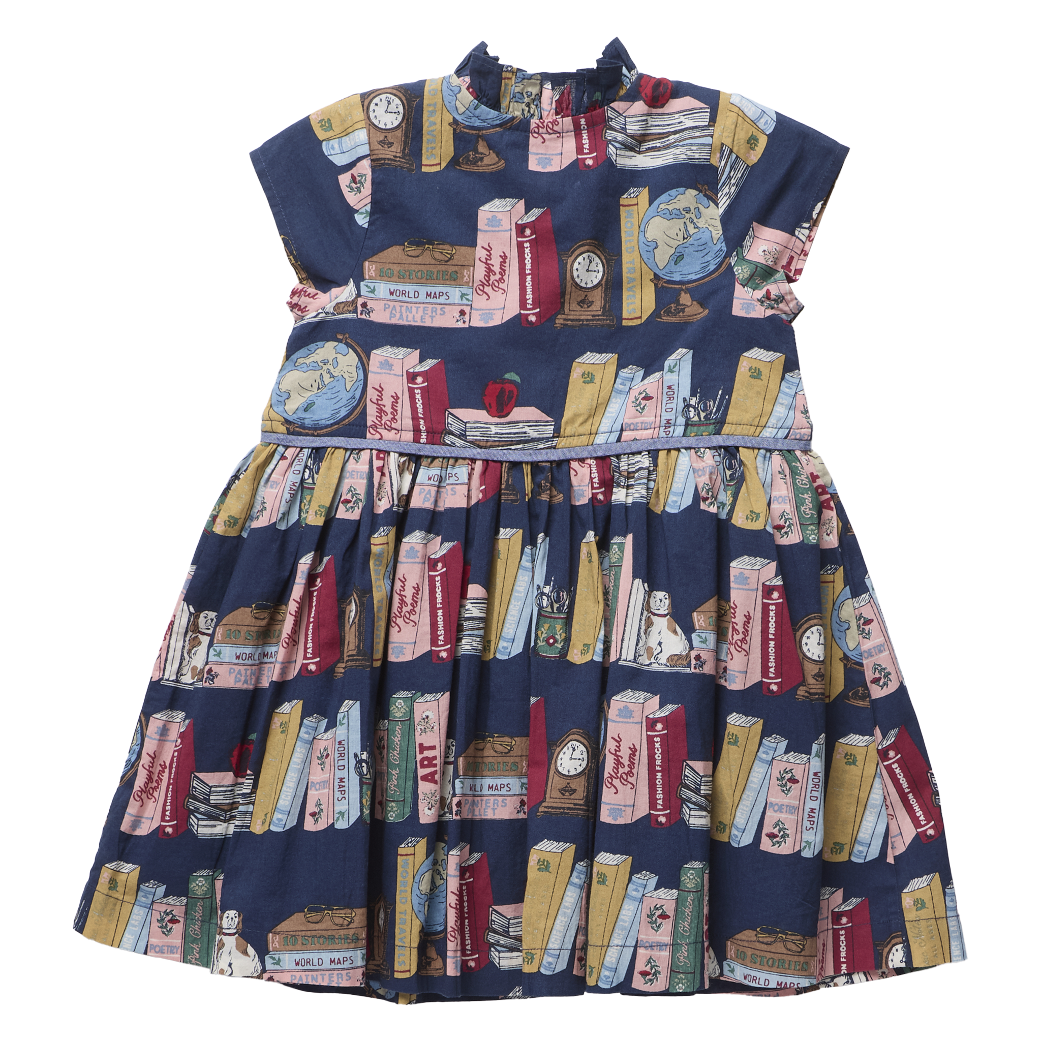A navy blue sleeveless dress for toddlers or girls, featuring an all-over print of vintage book spines, globes, and small illustrated objects, shown flat against a white background.