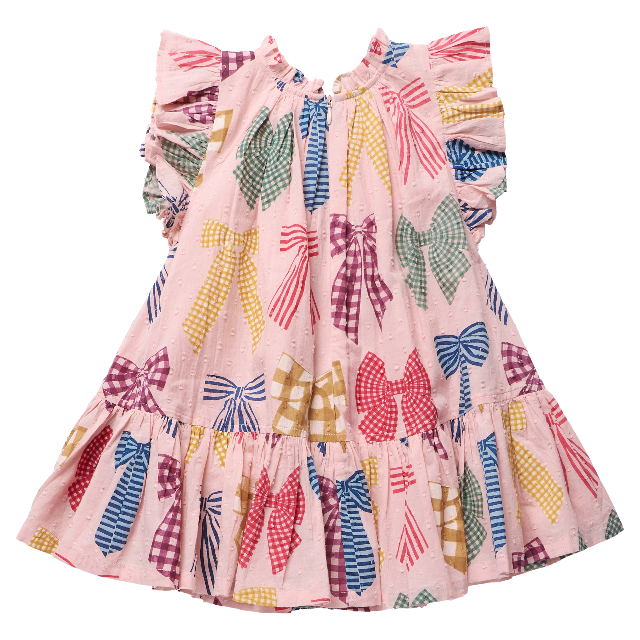 A pink children's dress with a colorful bow print, featuring ruffled sleeves, a ruffled neckline, and a tiered skirt, shown against a plain white background.