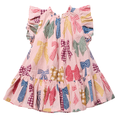 A pink children's dress with a colorful bow print, featuring ruffled sleeves, a ruffled neckline, and a tiered skirt, shown against a plain white background.